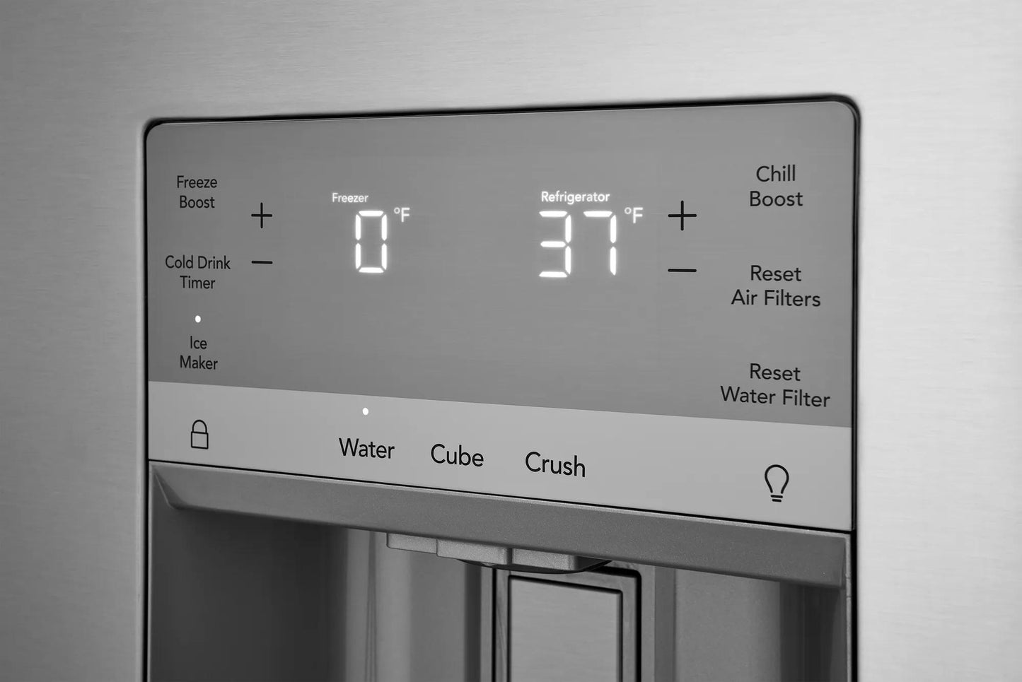 Close-up of a stainless steel French door refrigerator digital control panel with temperature and dispenser settings in Appliances collection