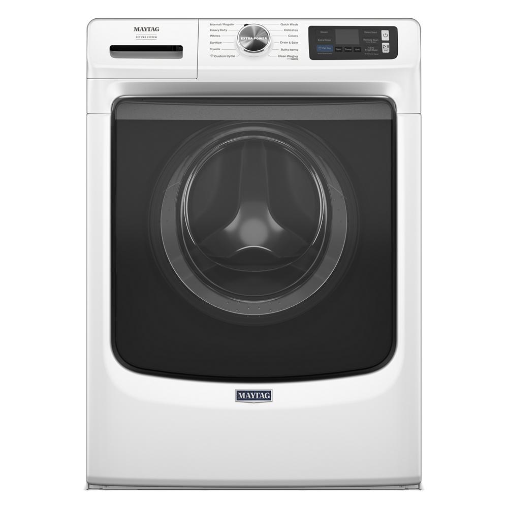 Front load washer in white with digital control panel and large glass door, part of washers and appliances collection