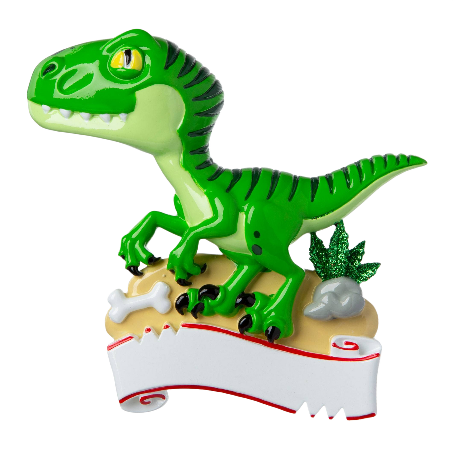 Green T-Rex dinosaur ornament standing on sandy base with bone and plants for Christmas Ornaments & Tree Decorations collection under $50
