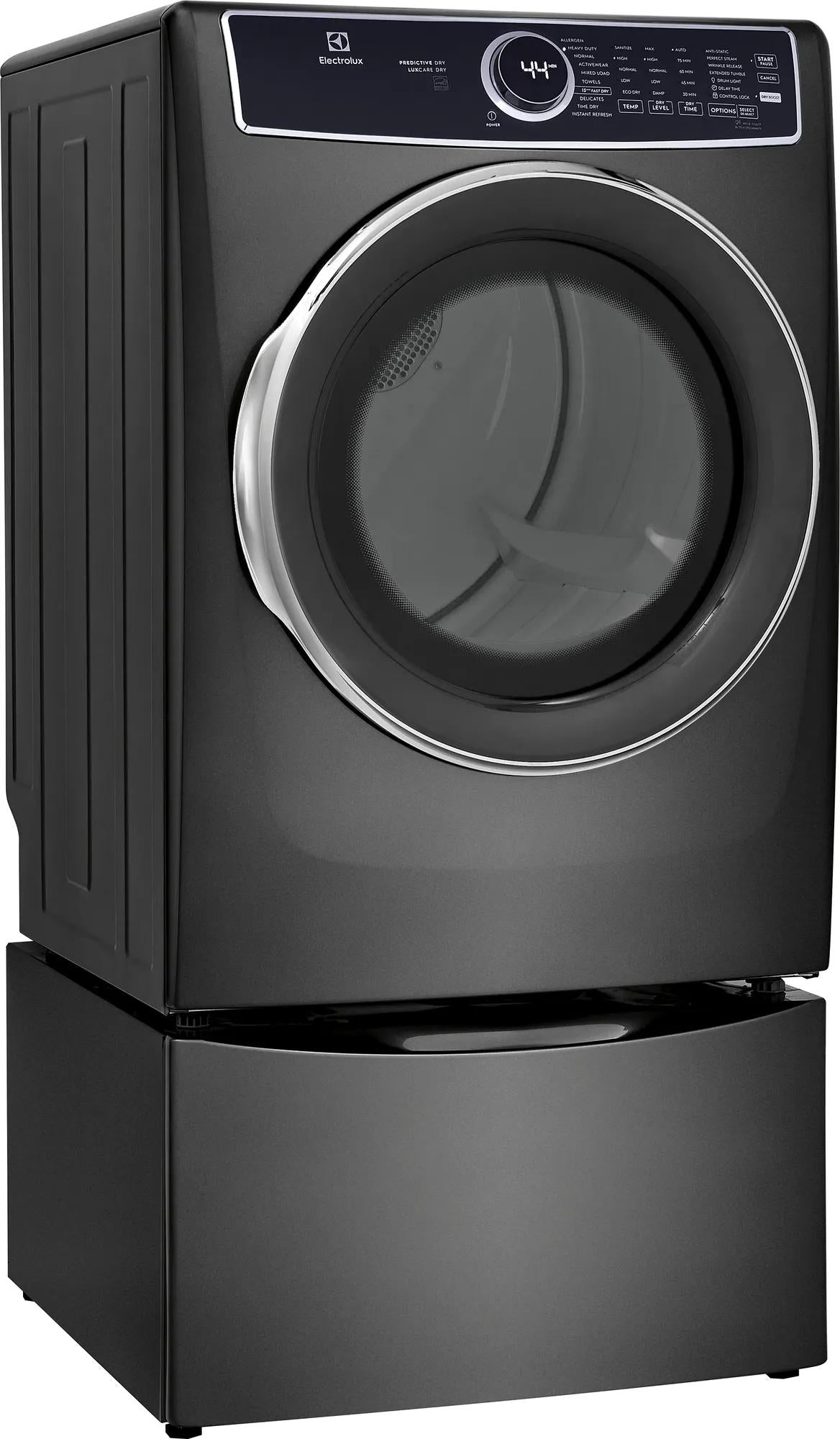 Dark gray front load electric dryer with digital control panel and large round door from Dryers collection at Hartville Hardware