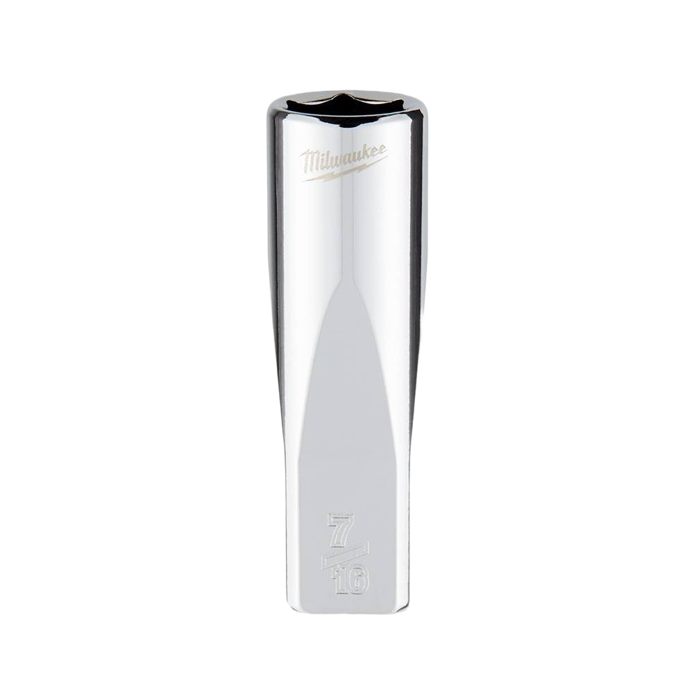 Chrome-finished 7/16 inch SAE socket with flat sides for wrench use from Milwaukee Hand Tools collection