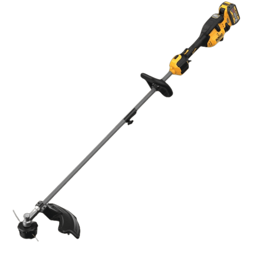Yellow and black cordless brushless string trimmer with adjustable shaft for tools and home improvement projects