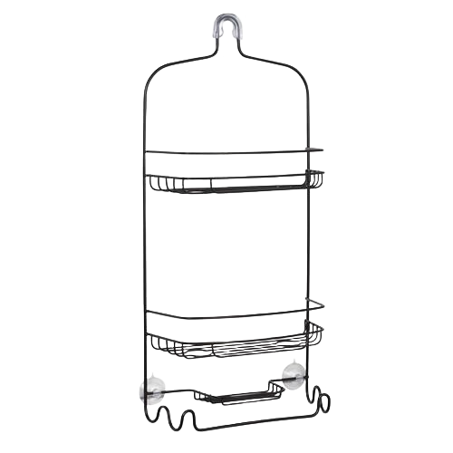 Bronze two-tier shower caddy with soap holder and hooks for organizing bathroom essentials in home improvement projects