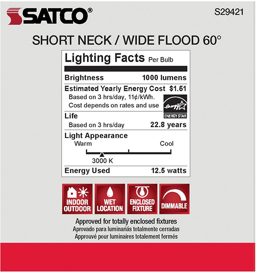 Satco short neck wide floodlight bulb with 1000 lumens, dimmable, suitable for indoor, outdoor, and enclosed fixtures
