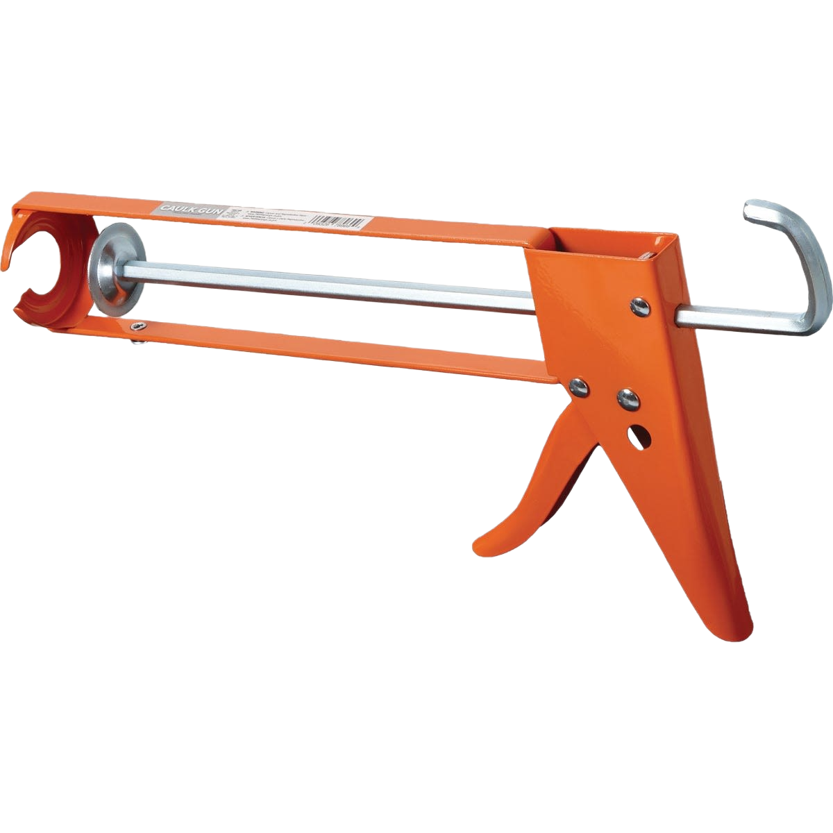 Orange metal dripless skeleton caulk gun with hex-rod and ladder hook for home improvement and paint supplies collections