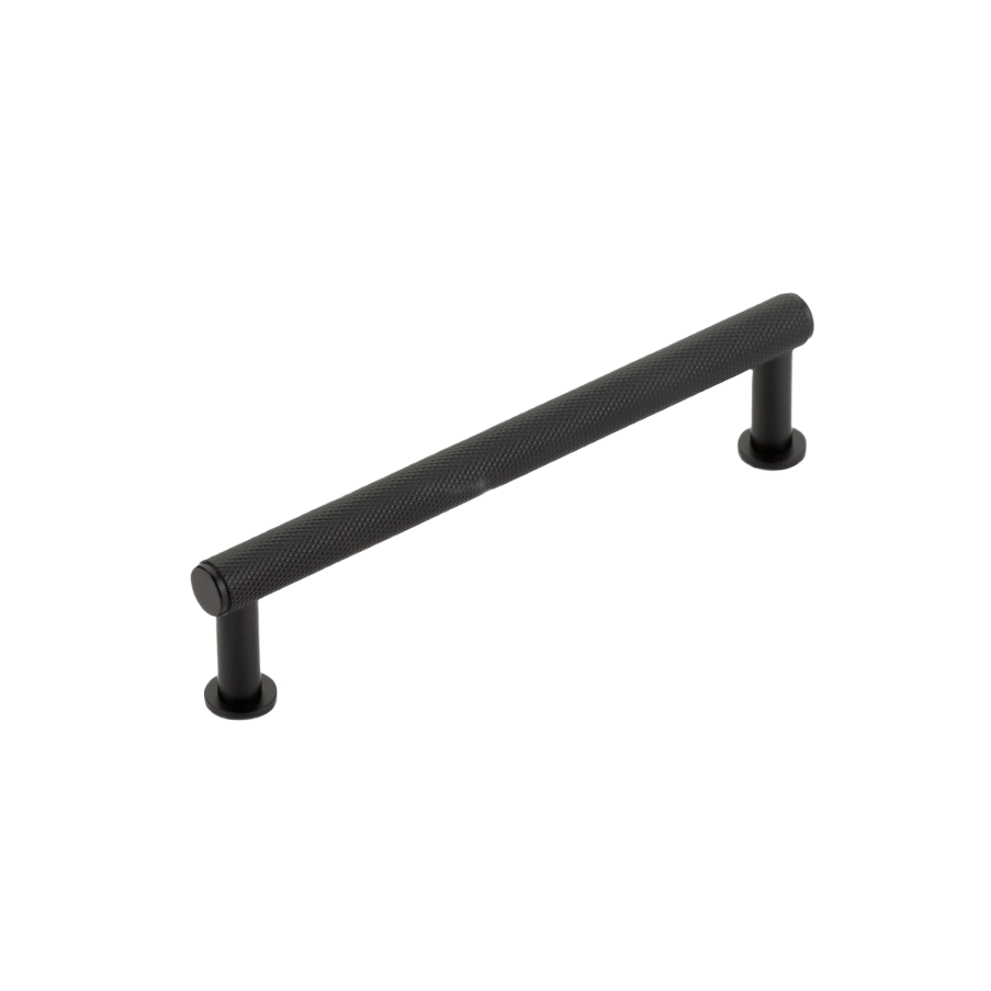 Matte black knurled cabinet pull crafted from solid brass for hardware and furniture accessories collections under $50