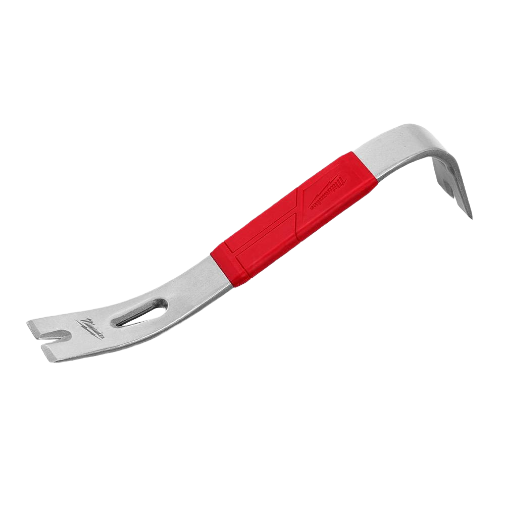 Metal pry bar with red padded grip designed for home improvement and tools applications