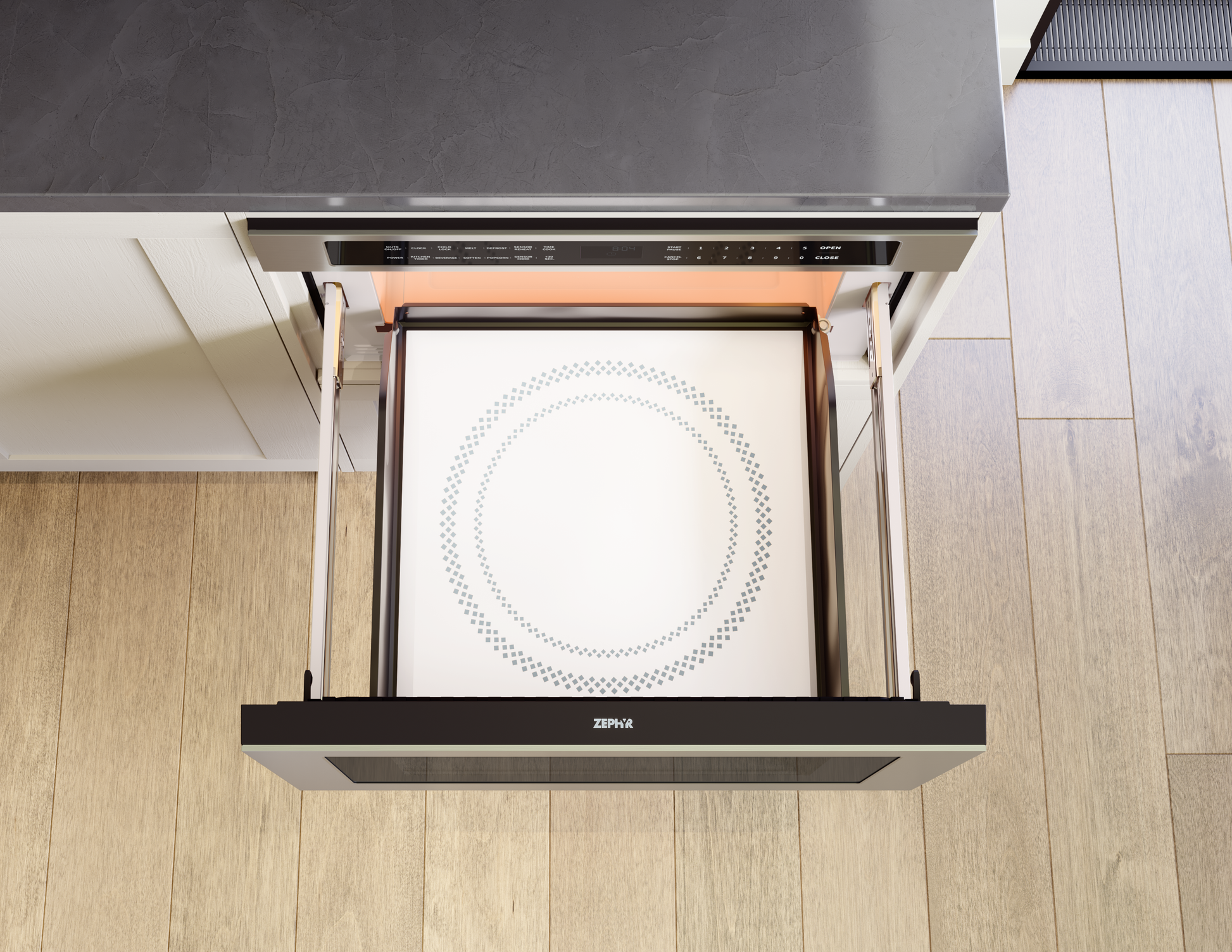 Open stainless steel built-in microwave drawer with digital control panel in modern kitchen setting