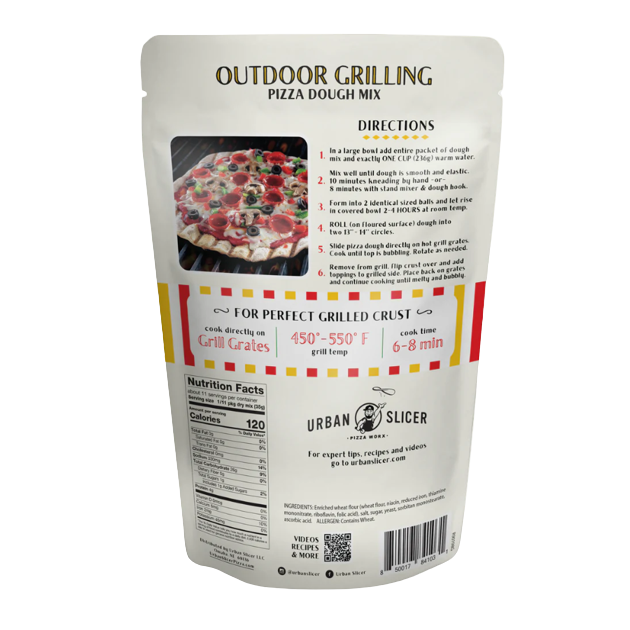 Back of Urban Slicer outdoor pizza dough mix pouch with cooking directions and nutrition facts panel