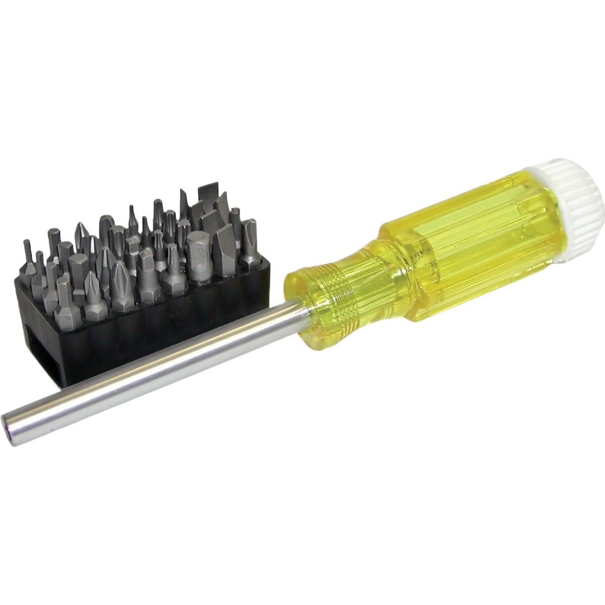 Multi-bit screwdriver with yellow handle and 32 interchangeable bits for fastening and woodworking tool sets under $50