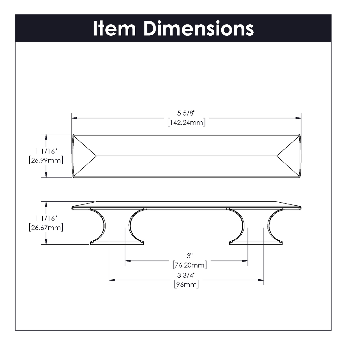 Technical drawing of a polished nickel bungalow pull showing detailed dimensions for hardware and furniture applications