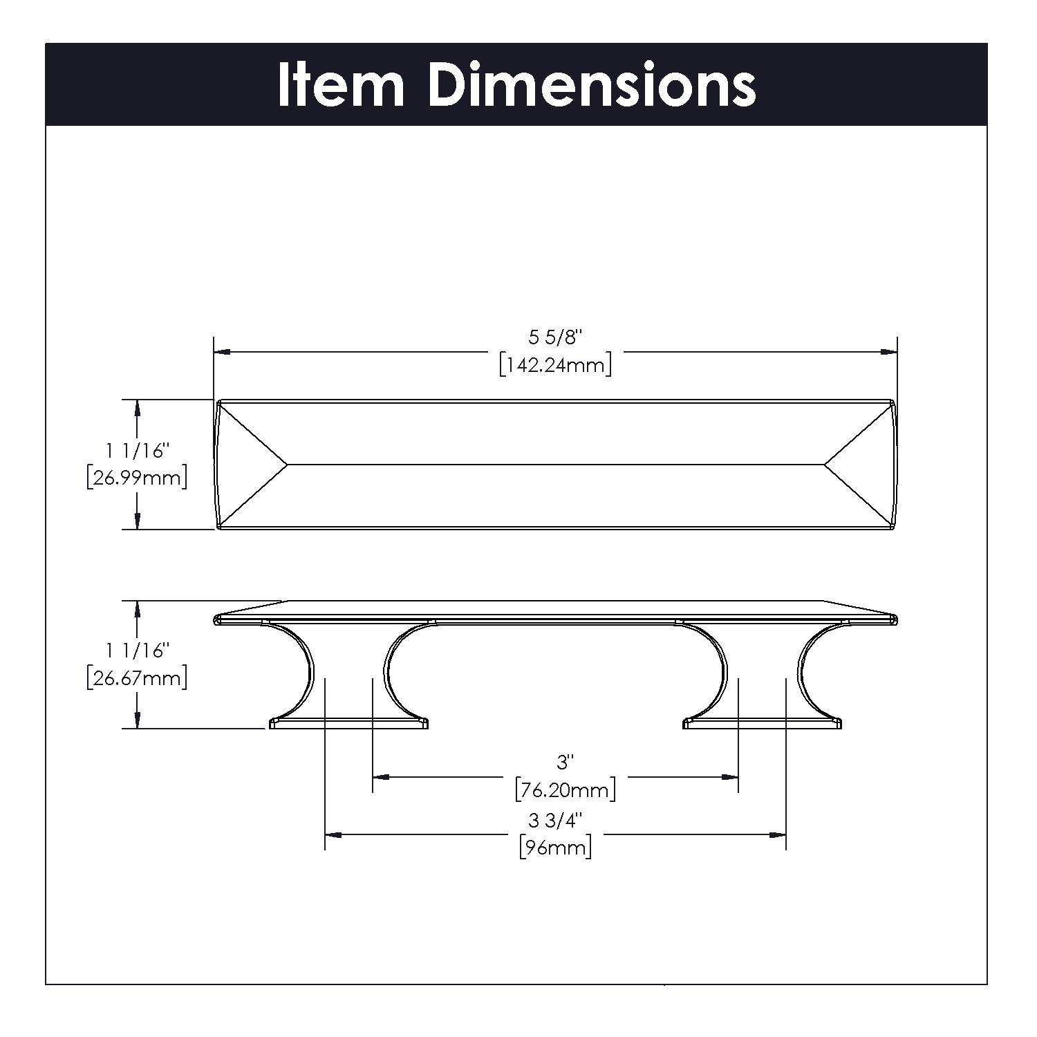 Technical drawing of a polished nickel bungalow pull showing detailed dimensions for hardware and furniture applications