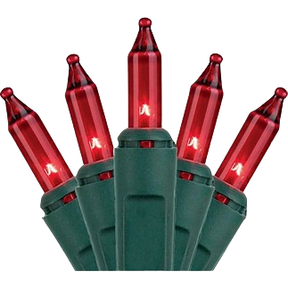 Close-up of red mini incandescent bulbs on green wired string light set for holiday Christmas decoration use
