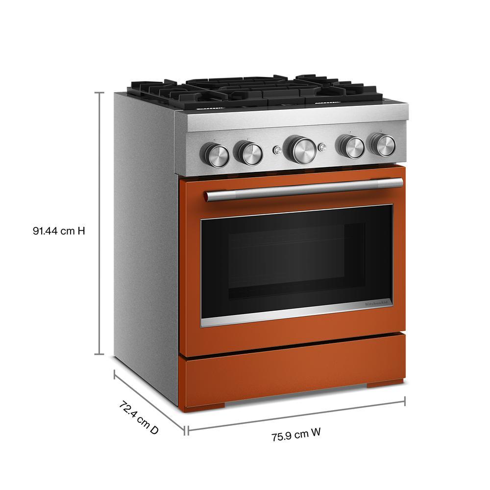 Orange and stainless steel 4 burner dual fuel range with control knobs and large oven door in kitchenware setting