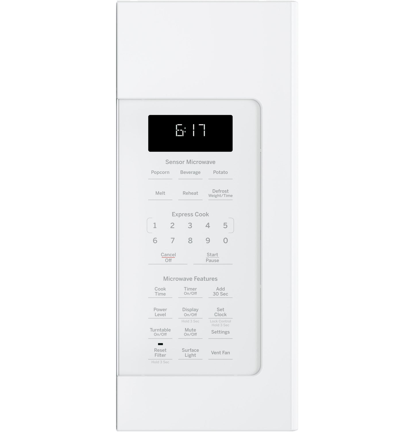 White over-the-range microwave control panel with digital clock and sensor cooking buttons from kitchen appliances collection