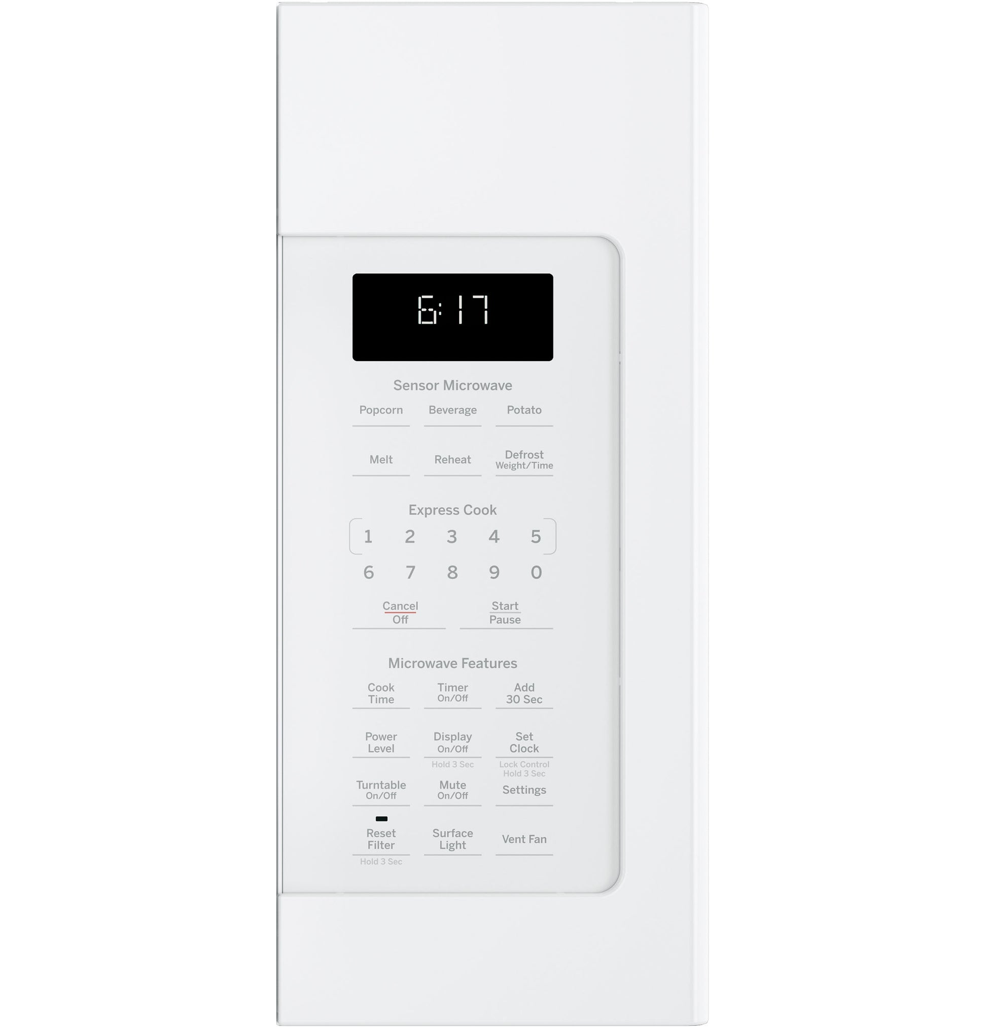 White over-the-range microwave control panel with digital clock and sensor cooking buttons from kitchen appliances collection