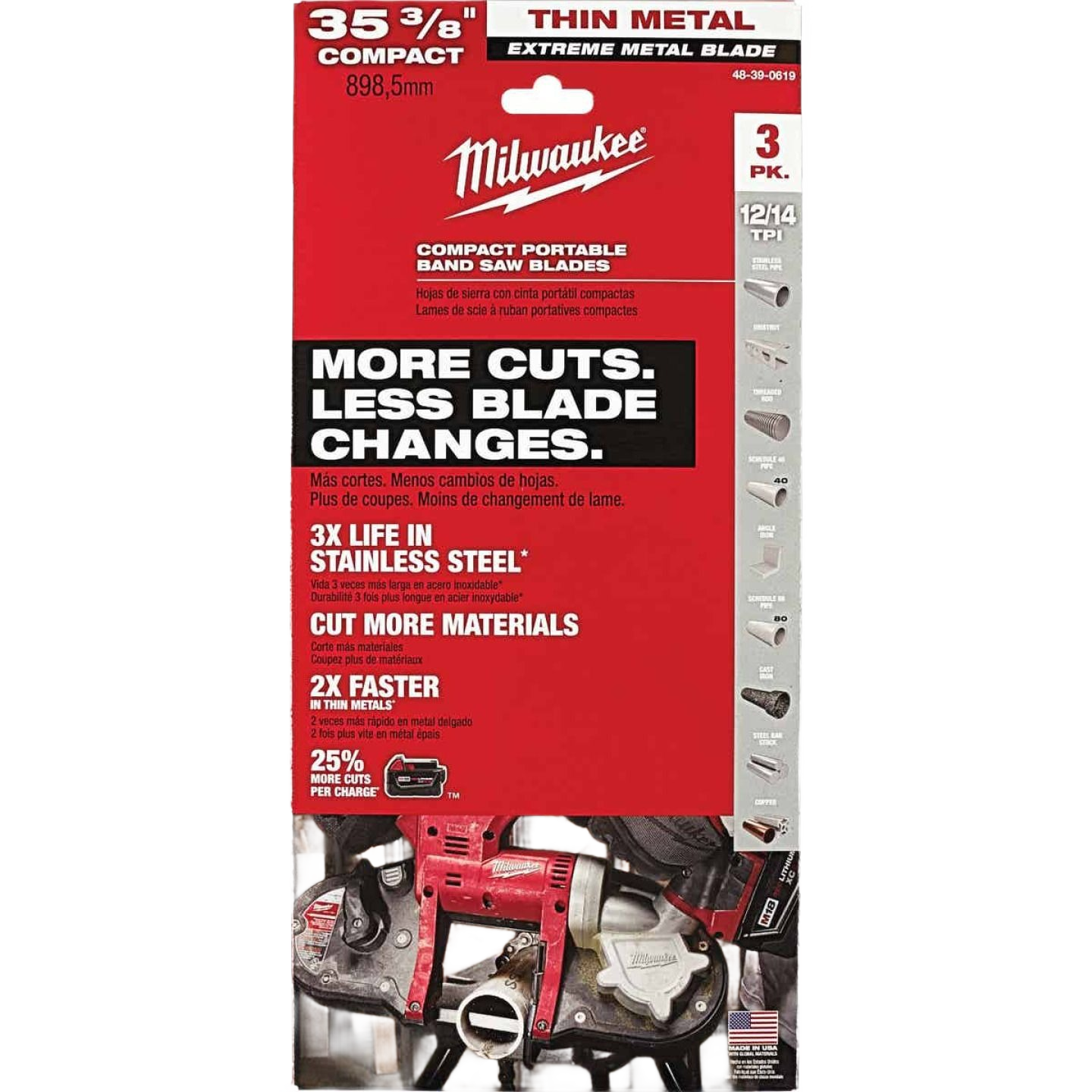 Three-pack of Milwaukee metal band saw blades with 12/14-TPI for faster, durable cutting in tools and home improvement tasks