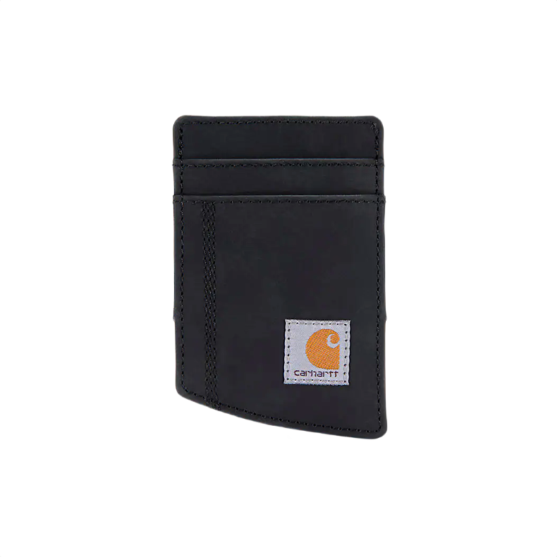 Compact black saddle leather wallet with front card slots and stitched Carhartt logo patch in accessories collection