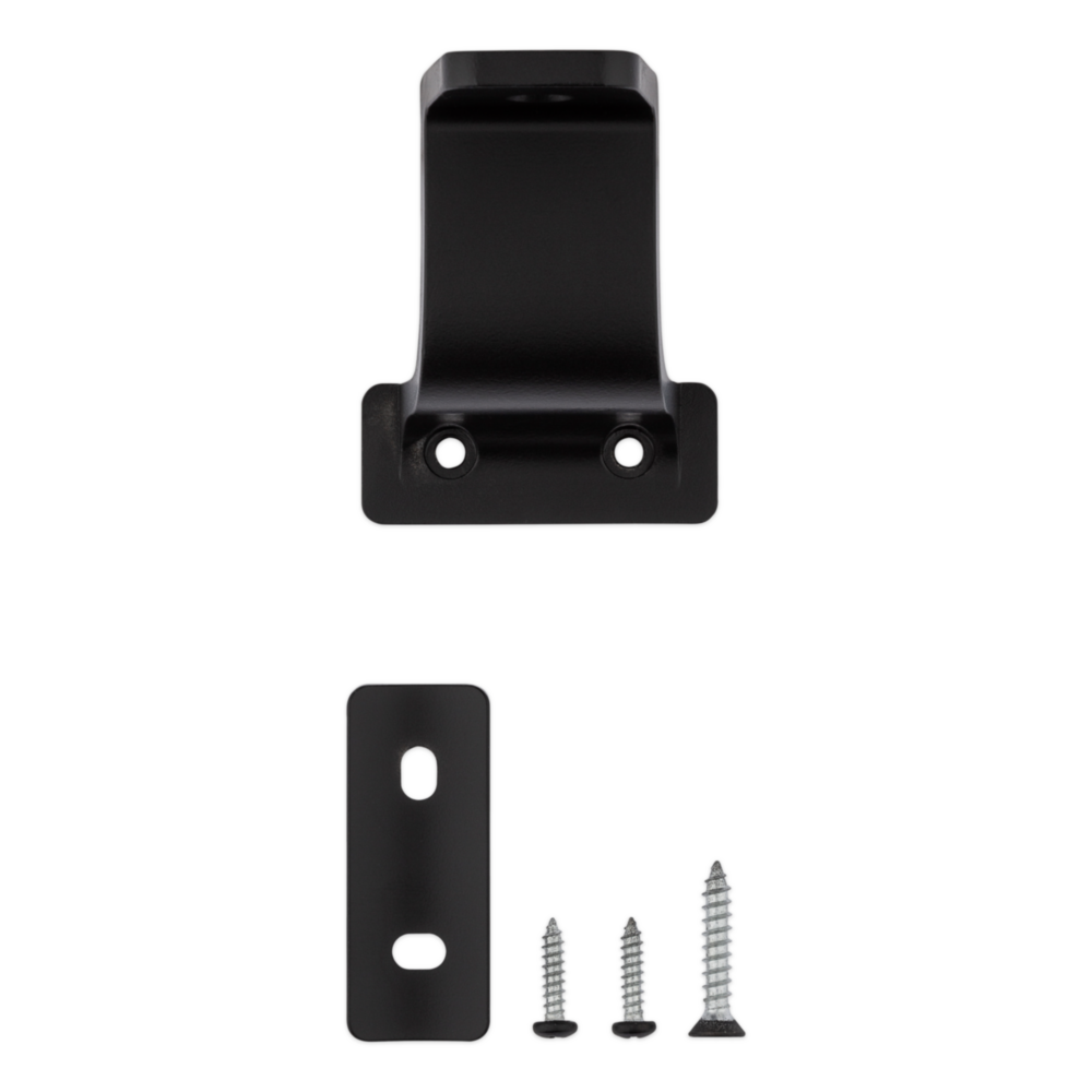 Matte black metal handrail bracket with mounting plate and screws for secure home improvement installation