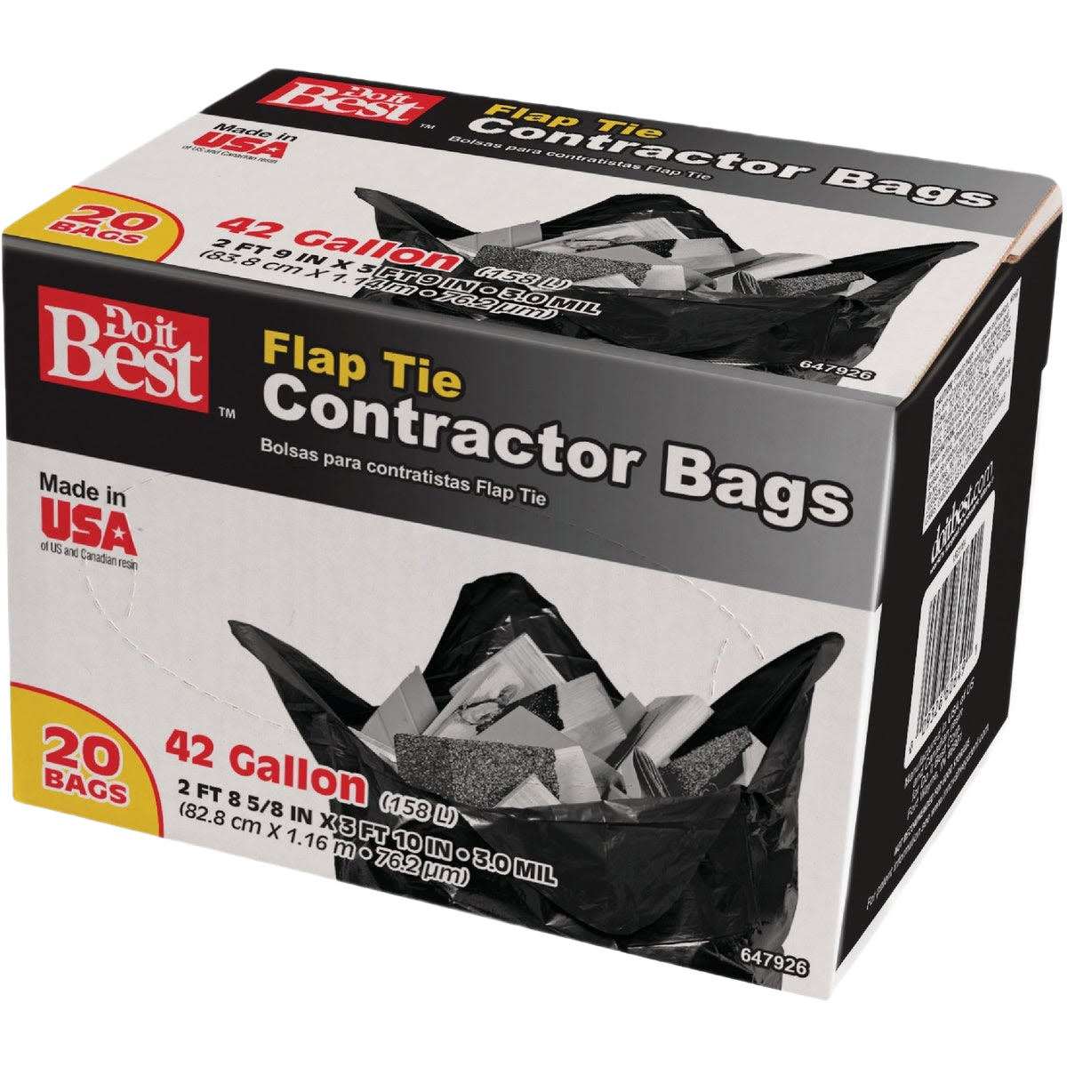 Box of heavy-duty black flap tie trash bags for contractor use in cleaning and trash can accessories collections