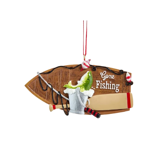 Fishing-themed Christmas ornament with wooden boat, fishing rod, fish in bucket, and "Gone Fishing" text for holiday decor collections