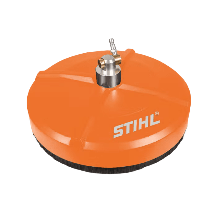 Orange rotary surface cleaner attachment with metal connector for pressure washers in home improvement use