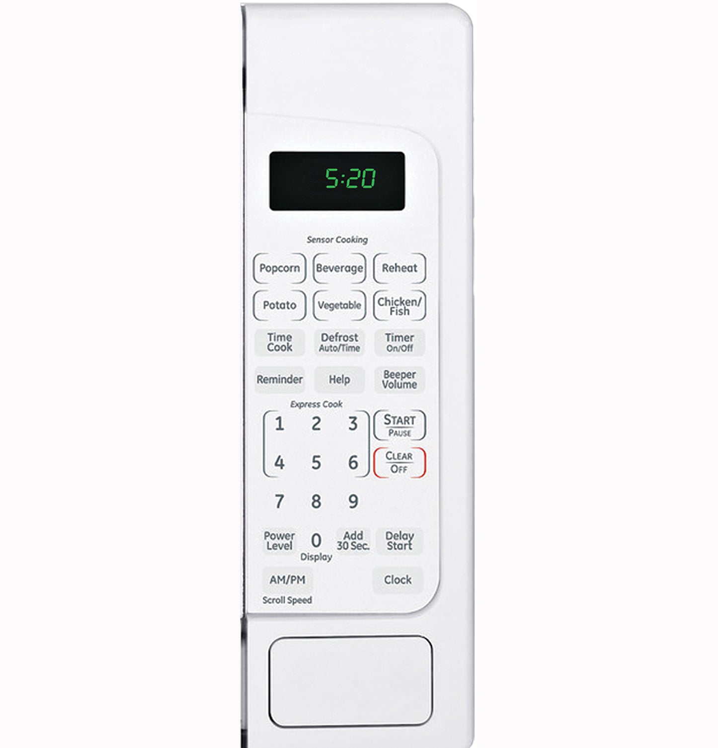 White countertop microwave control panel with digital clock and preset cooking options in countertop microwaves collection