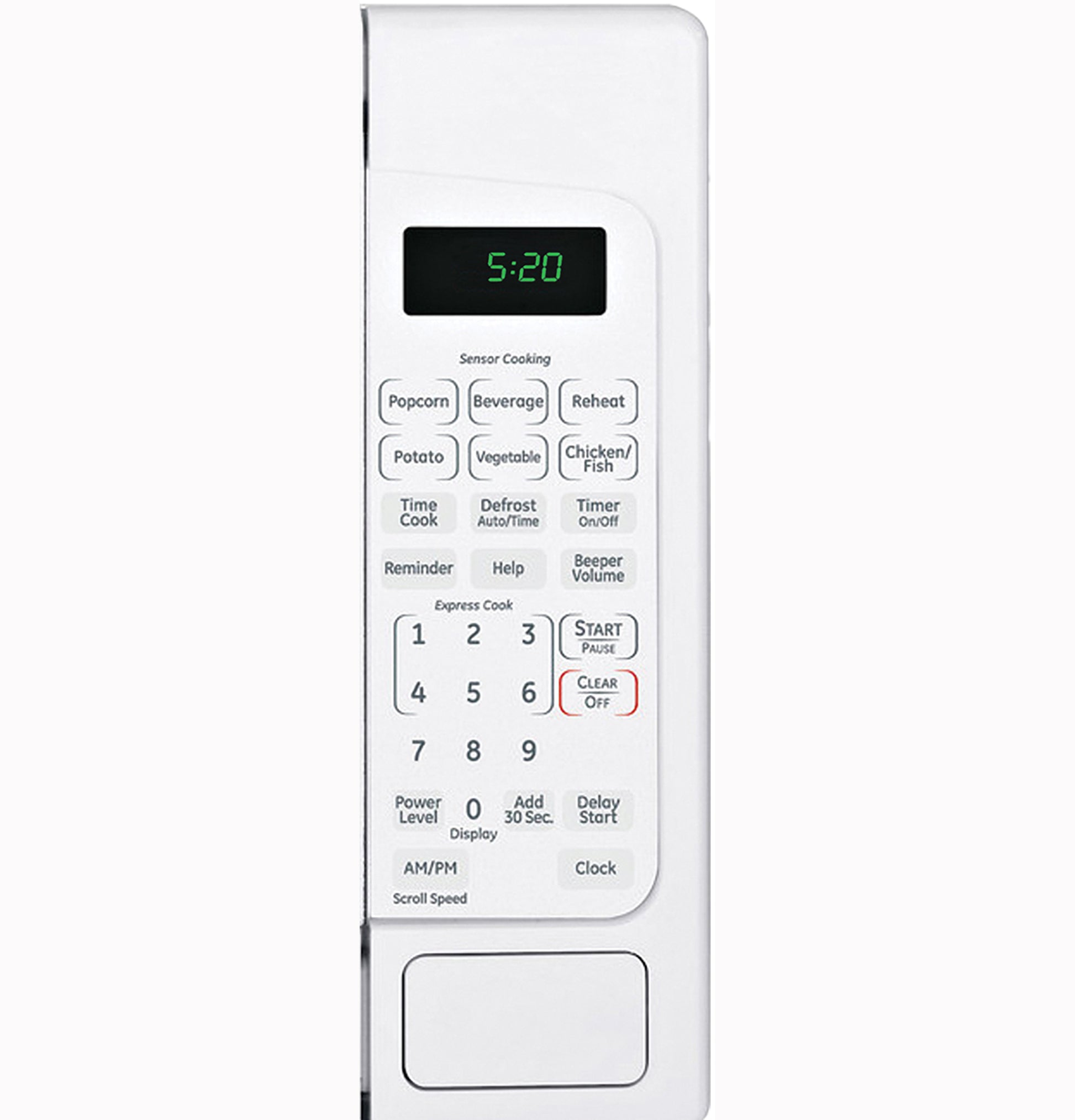 White countertop microwave control panel with digital clock and preset cooking options in countertop microwaves collection