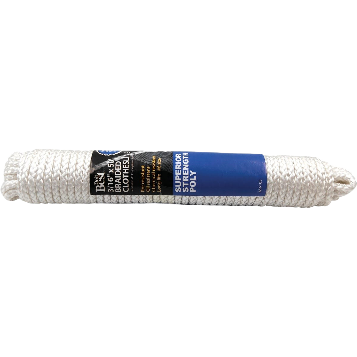 50 ft. white braided poly clothesline rope with label highlighting durable strength for home improvement use