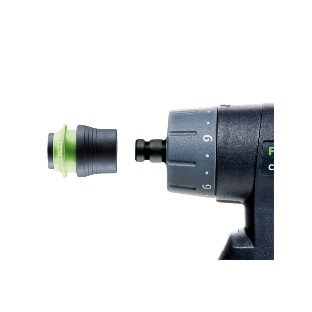 Close-up of a Festool Centrotec drill chuck attachment detaching from a power tool for tool accessory use.