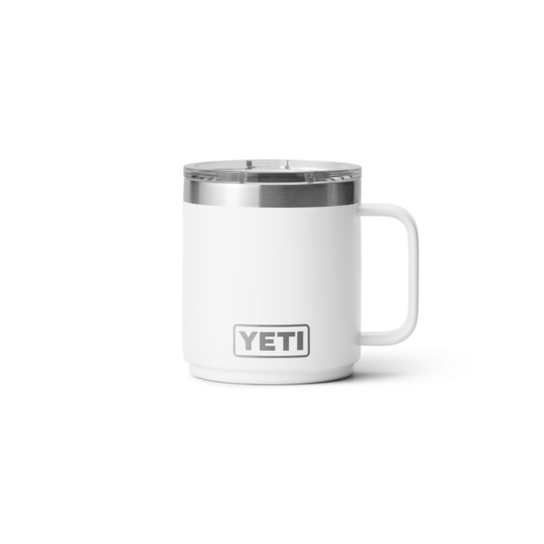 White stackable mug with clear Magslider lid and sturdy handle from durable kitchenware and drinkware collections under $50