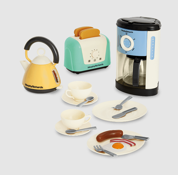Toy kitchen set with kettle, toaster, coffee maker, cups, plates, and breakfast accessories for imaginative play