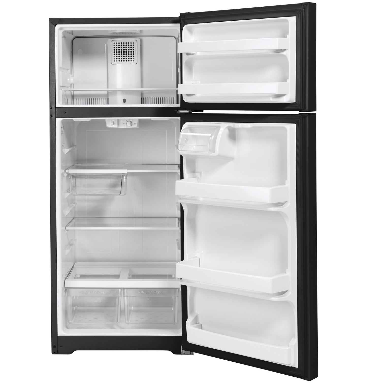 Open black top-freezer refrigerator with adjustable shelves, clear crisper drawers, and freezer compartment in appliances collection