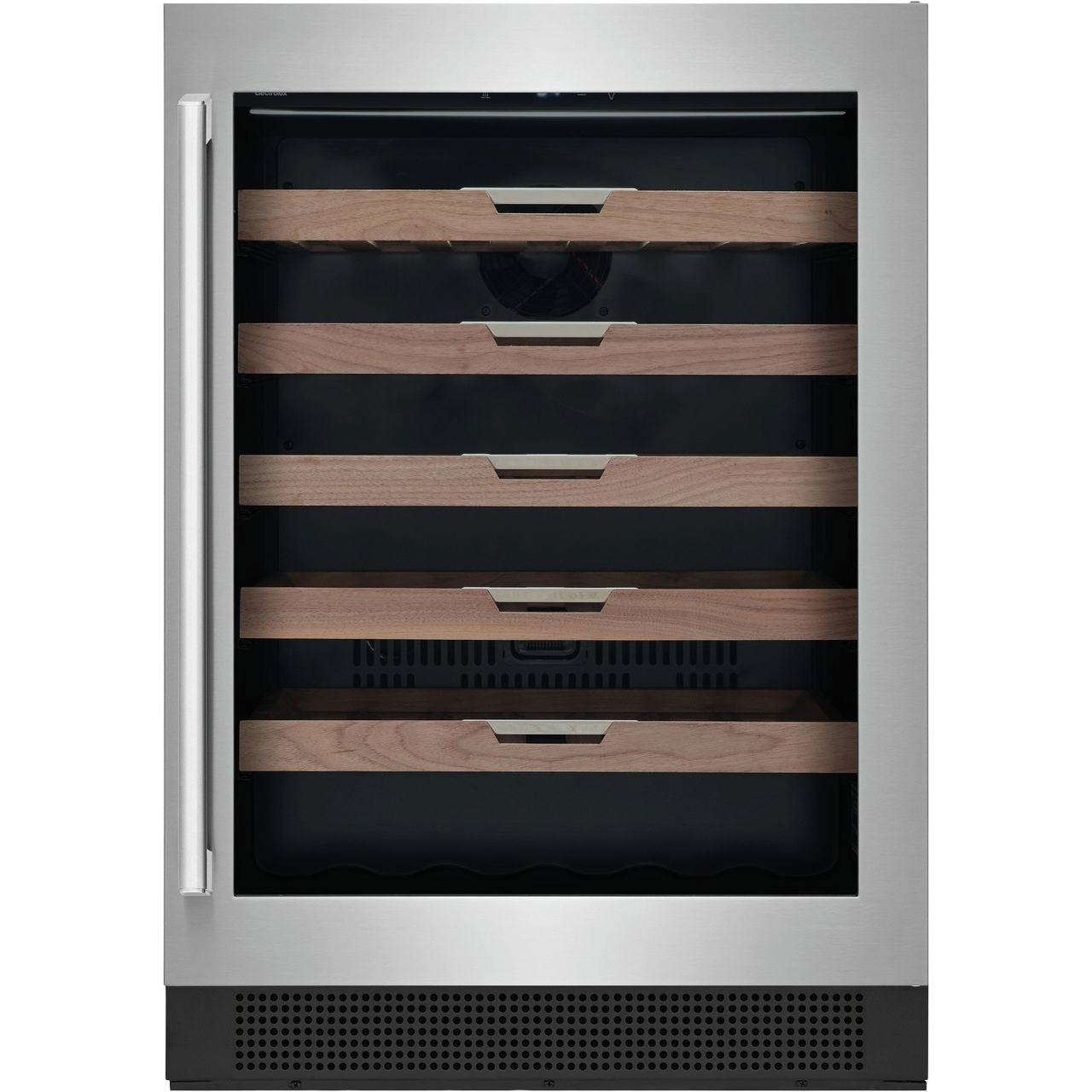 Stainless steel under-counter wine cooler with wooden shelves and glass door in mini refrigerators and beverage centers collection