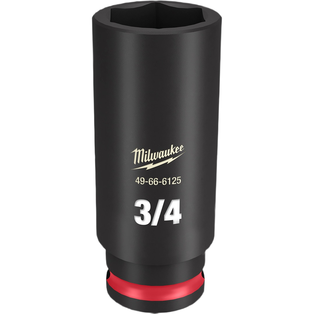 Black impact socket with 3/4 inch size mark and red band for hand tool and woodworking applications