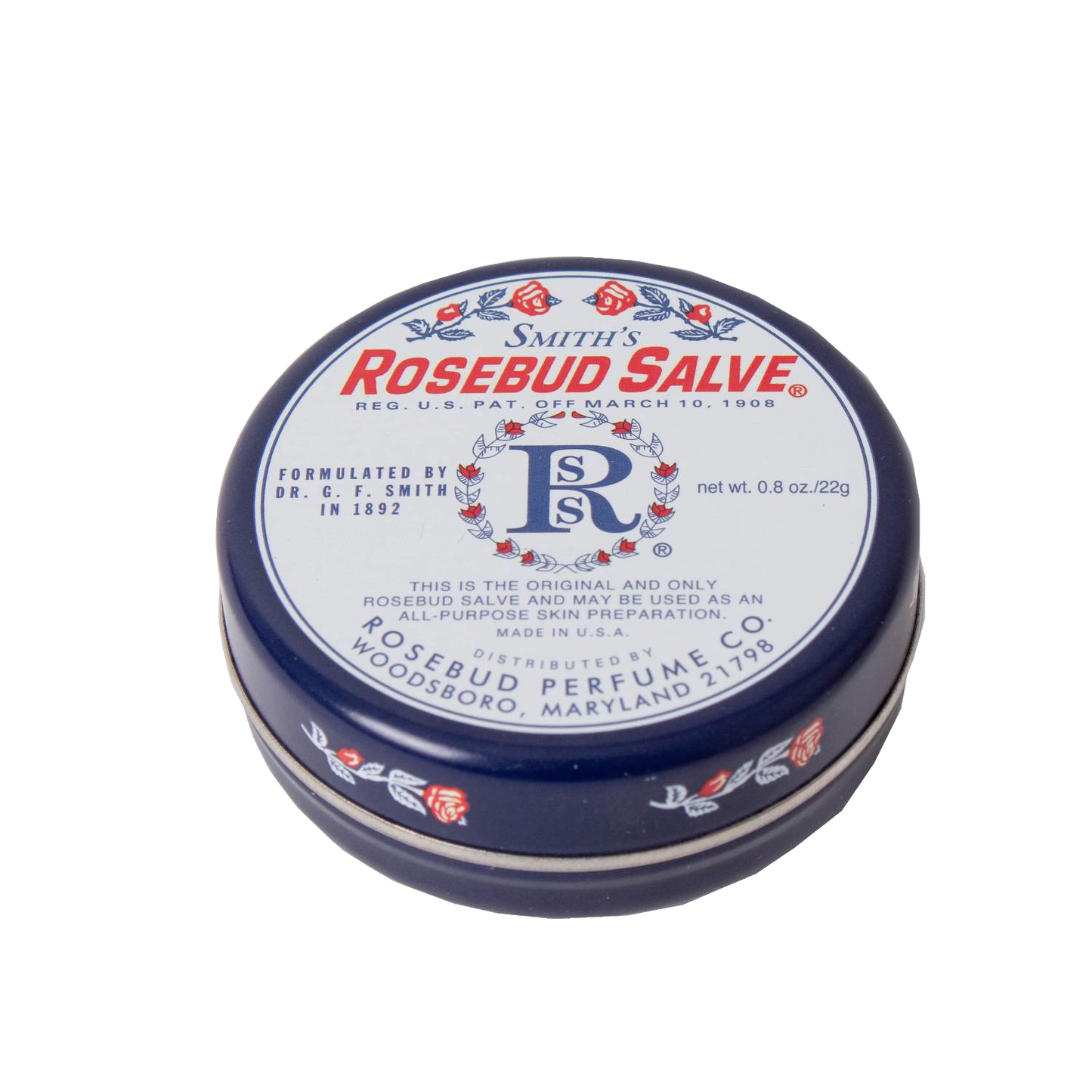 Round metal tin of original Rosebud Salve with vintage floral design, part of Health & Beauty collection under $50