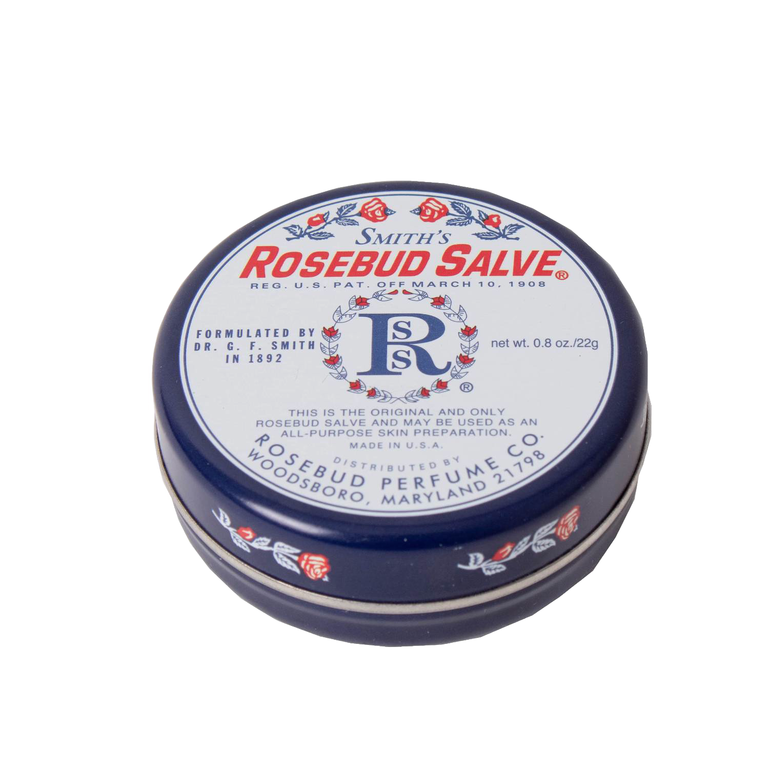 Round metal tin of original Rosebud Salve with vintage floral design, part of Health & Beauty collection under $50