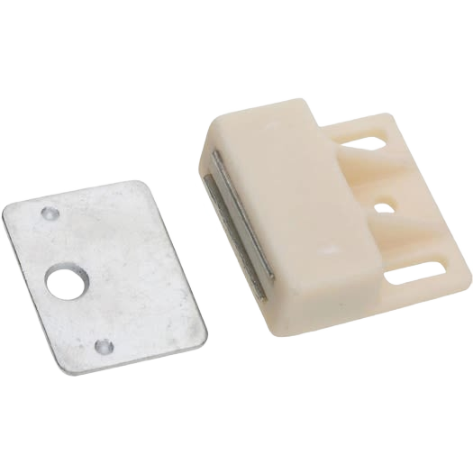 Beige nylon magnetic catch with steel strike plate for cabinet and furniture hardware in home improvement collections