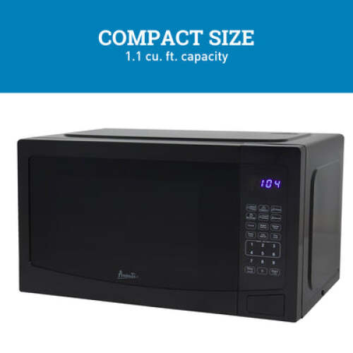 Black microwave oven with digital keypad and blue LED display, compact design for kitchen and appliances collection.