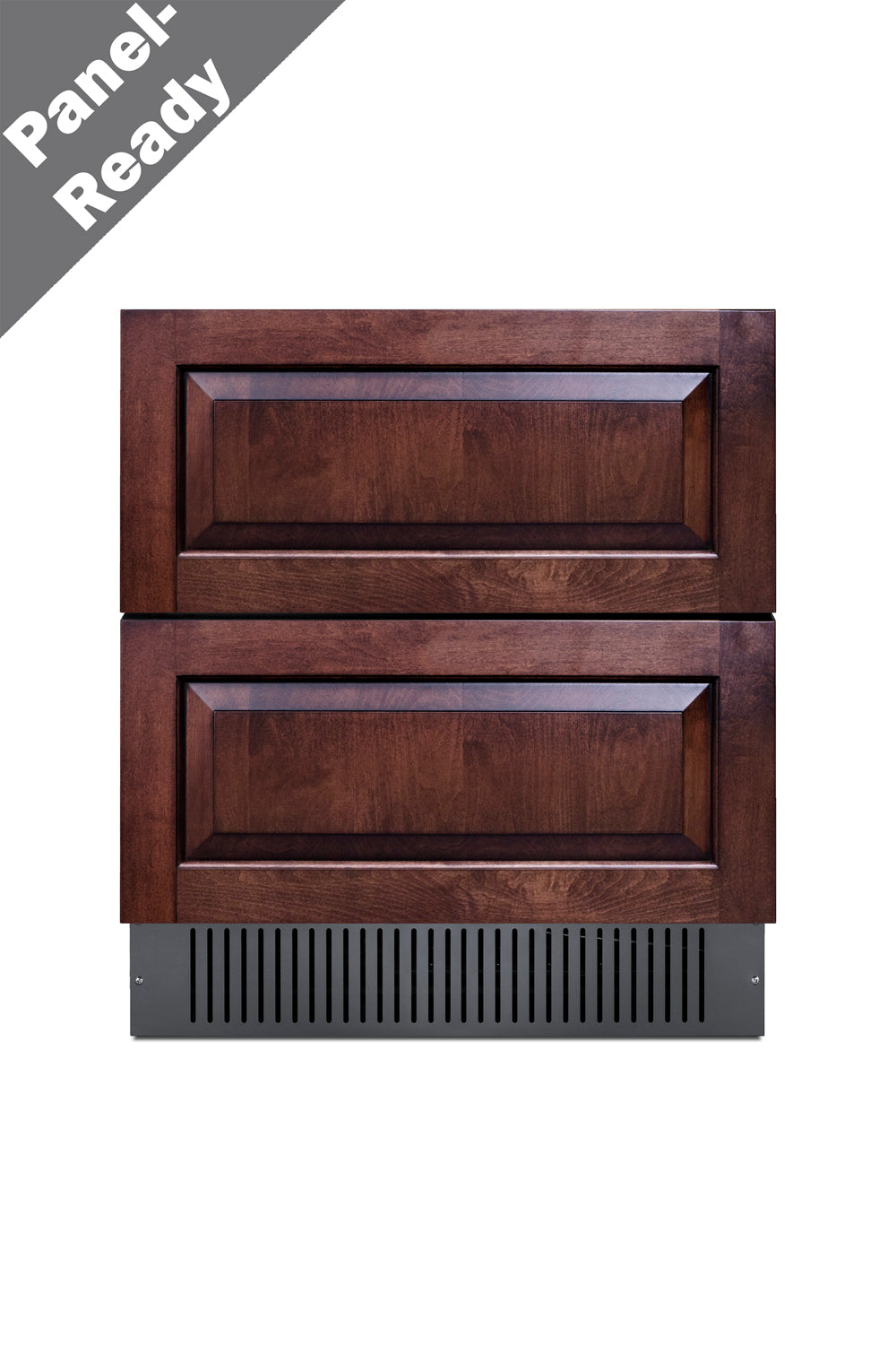 Undercounter panel-ready 30-inch wide two-drawer refrigerator with wooden front panels for kitchen appliance collections