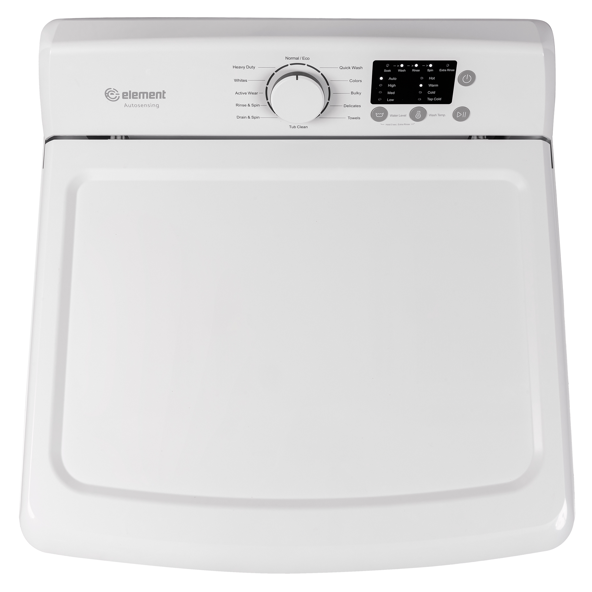 White top load washing machine control panel with cycle dial and digital display in Top Load Washers and Appliances collections