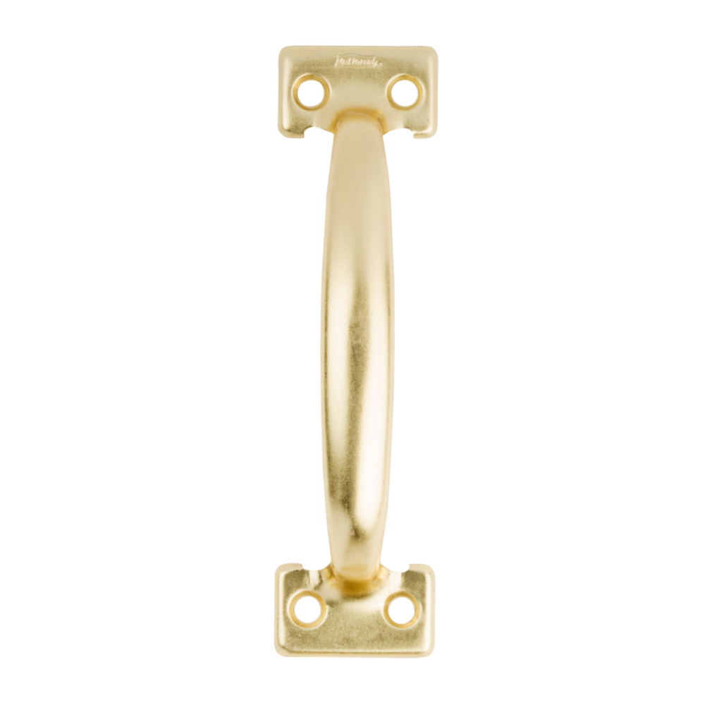 Brass utility door pull with mounting holes for cabinet and furniture hardware in home improvement collections