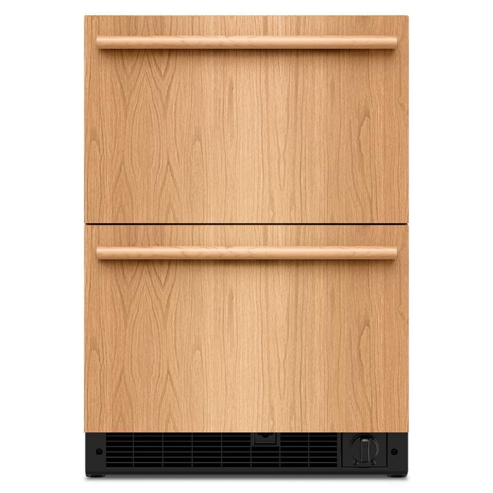 two wood panel drawer fronts on undercounter double-drawer refrigerator in KitchenAid appliances collection