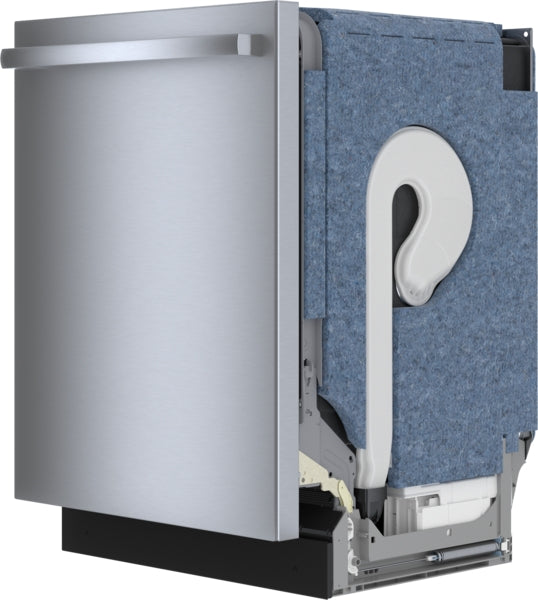 Partially exposed stainless steel dishwasher showcasing insulation and internal water system components from Bosch appliances collection