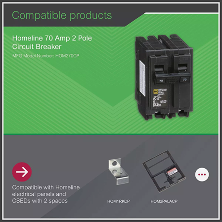 70 amp double-pole circuit breaker compatible with Homeline panels for home improvement and electrical projects