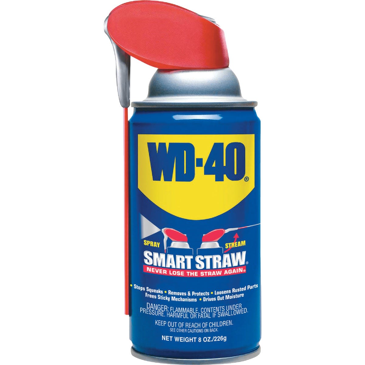 Blue and yellow aerosol can of multipurpose lubricant with red smart straw for home improvement and tools use