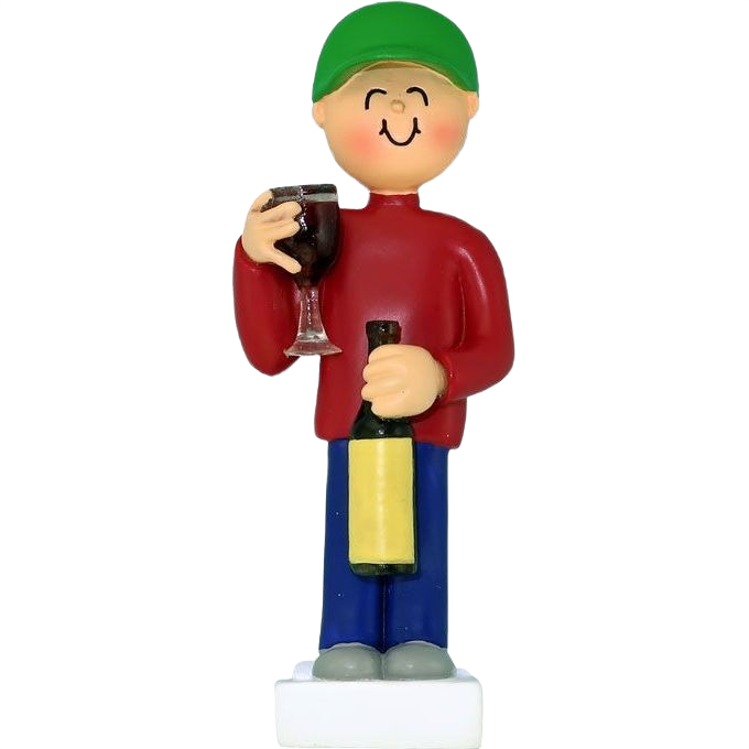 Personalized male figurine holding a wine glass and bottle in casual clothes for Christmas Ornaments under $50