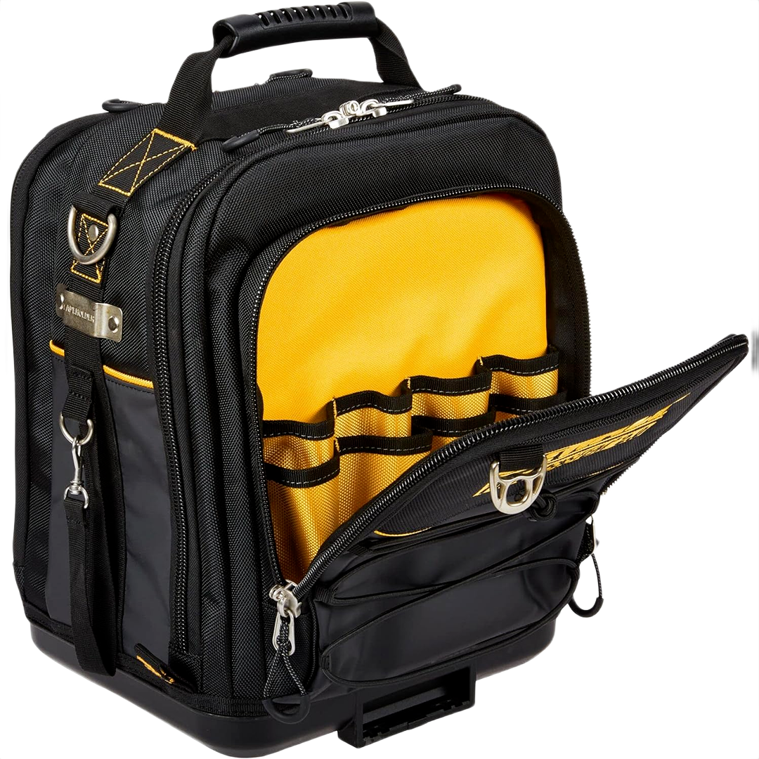 Black and yellow compact tool bag with multiple pockets ideal for jobsite storage and workshop organization in tool bags collection