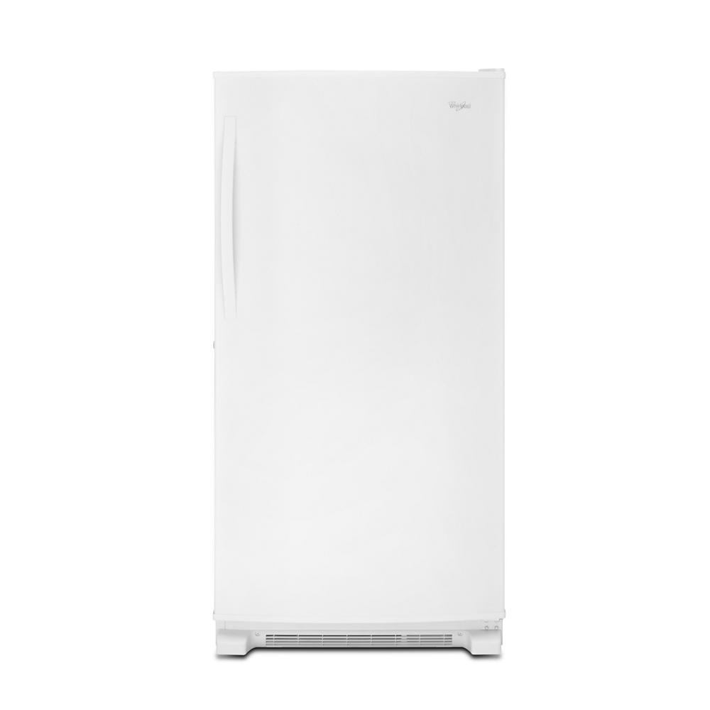 Tall white upright freezer with sleek handle standing against a white background in appliances collection