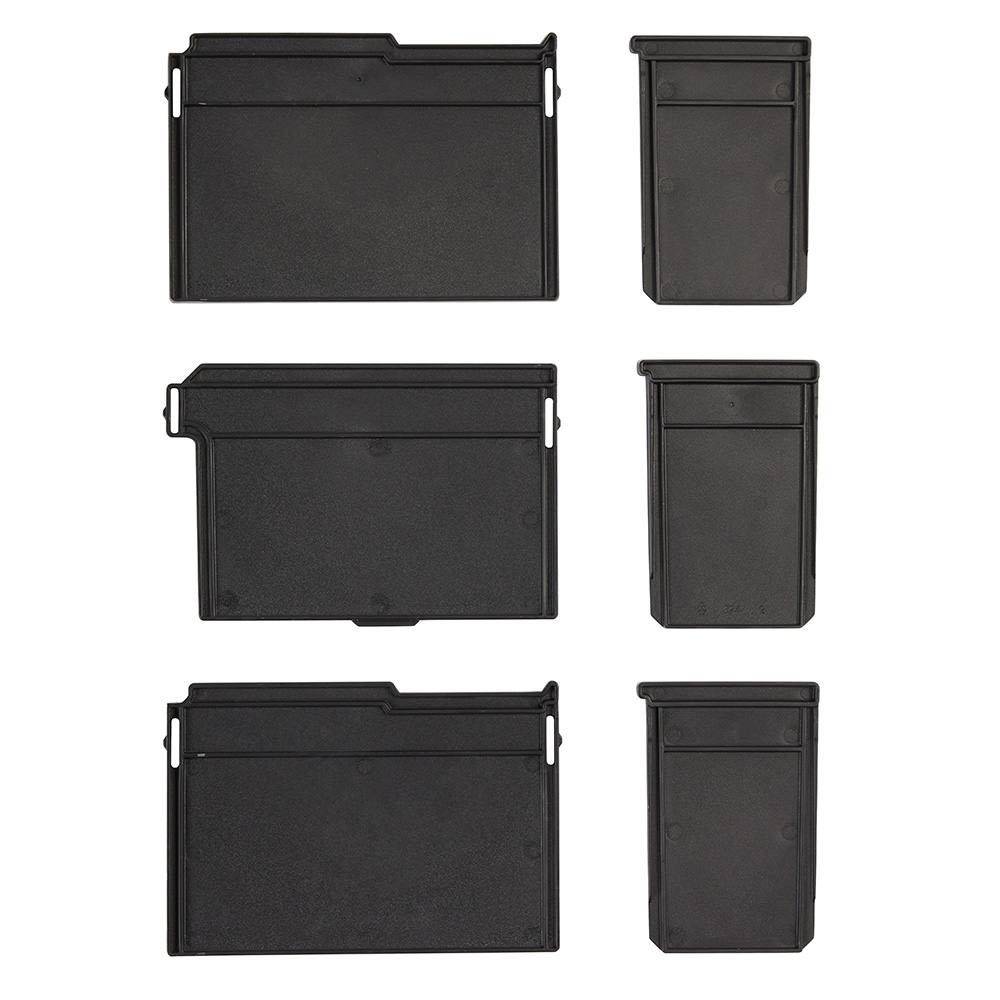 Set of six black removable dividers for organizing deep tool storage bins and jobsite tool storage systems